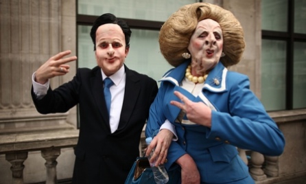 Anti-cuts protesters dressed as David Cameron and Margaret Thatcher at the TUC march inLondon, in 2011. Photograph: Peter Macdiarmid/Getty Images